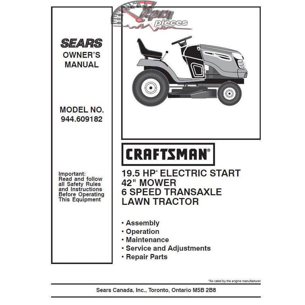944.609182 Manuel de pièces tracteur Craftsman