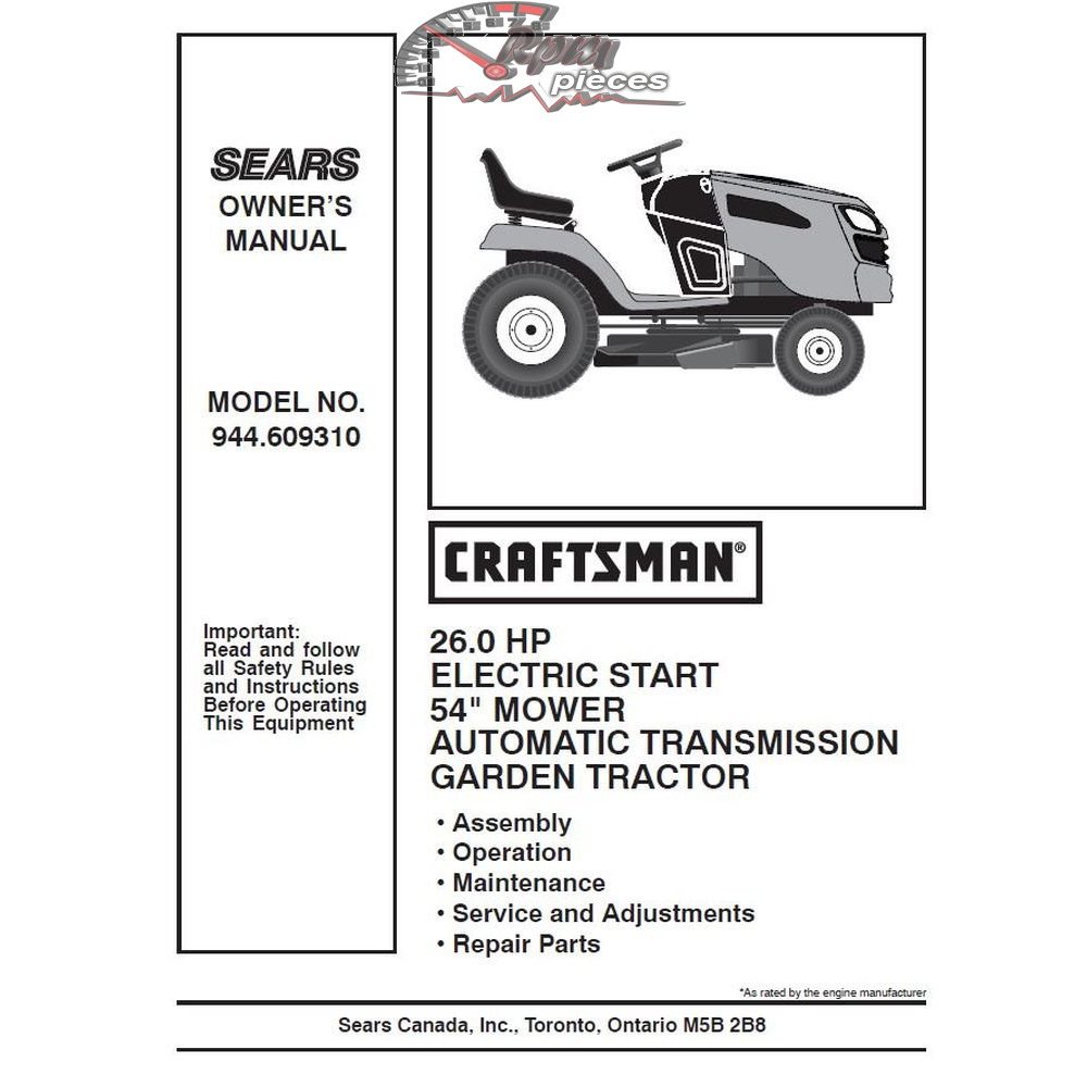 944.609310 Manuel de pièces tracteur Craftsman