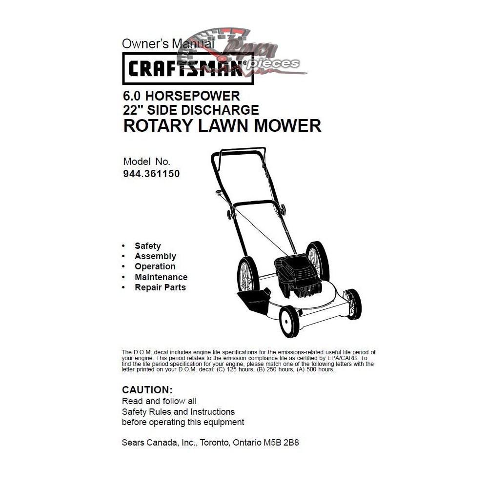 944.361150 Manuel de pièces Tondeuse Craftsman