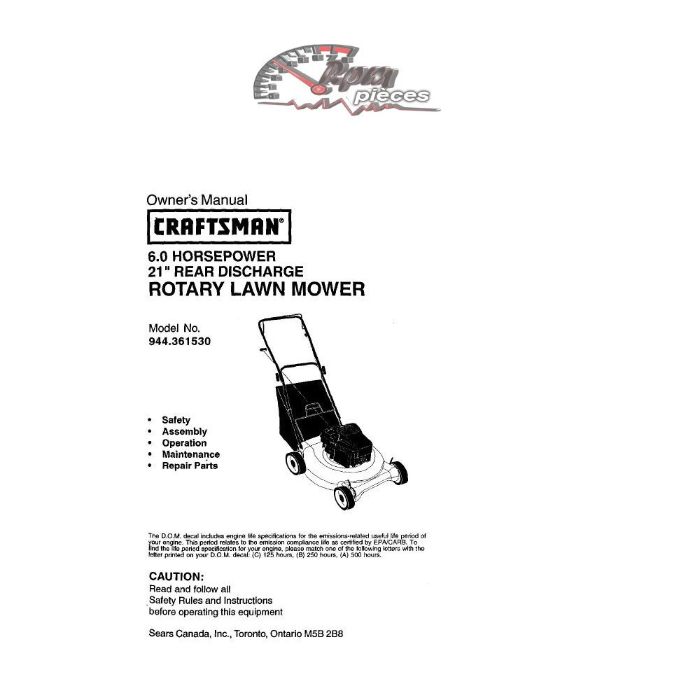 944.361530 Manuel de pièces Tondeuse Craftsman