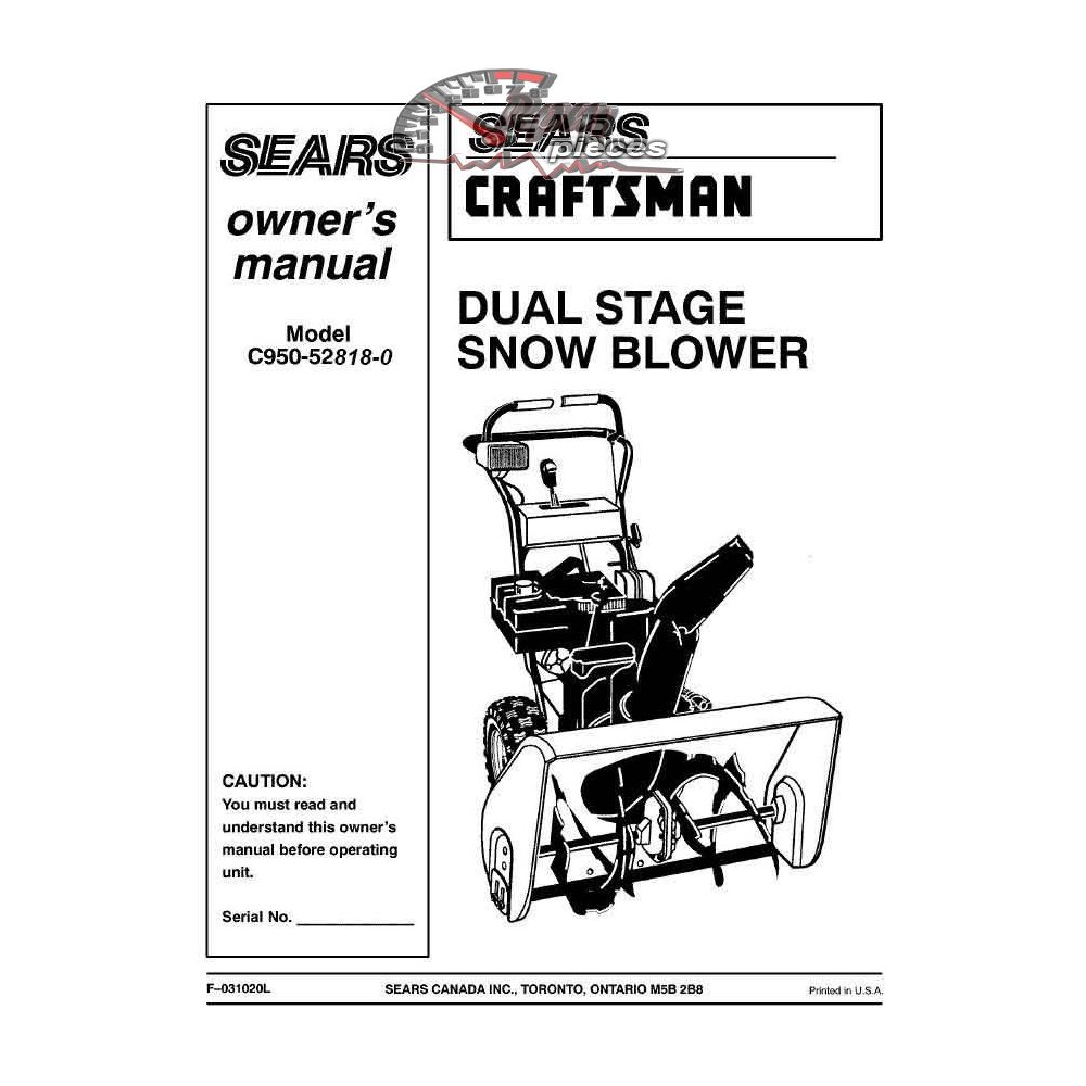 C950-52818-0 Snowblower Craftsman Parts Manual